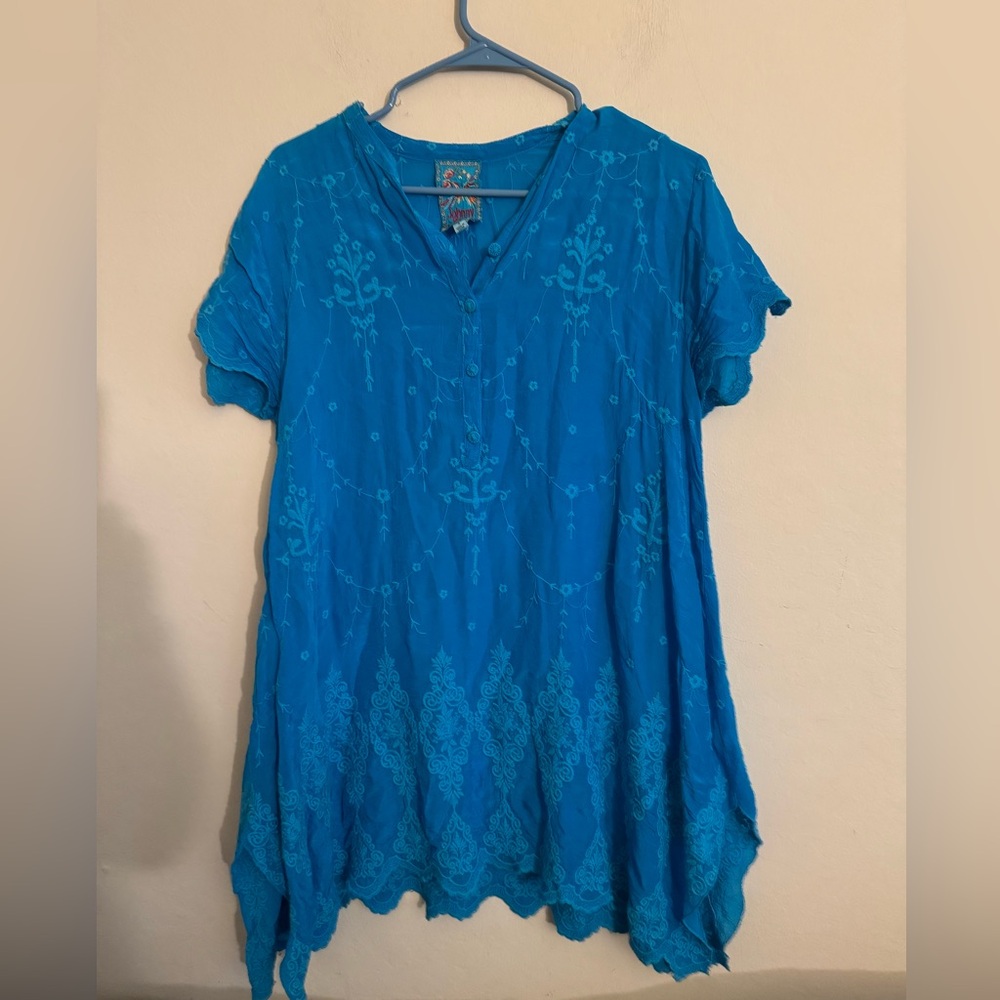 Johnny Was Madigan Embroidered Tunic Cupra Rayon Blue Boho Peasant Size S